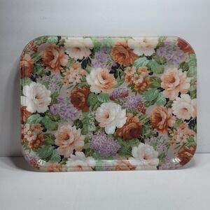 Ami Vintage Floral Fiberglass Serving Tray Roses Lilac Peach 17.5 inch 60s 70s